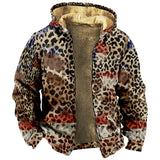 WIAOFELLAS  -  Plus Size Men's Short Zipper Hooded Padded Warm Thick Jacket Leopard with Red Print Daily Casual Winter Jacket