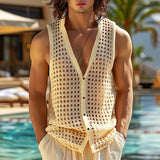 WIAOFELLAS  -  Men Tank Tops Mesh Hollow Out Solid Button Male Vests See Through Streetwear Summer 2025 Sleeveless V Neck Men Clothing