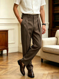 Wiaofellas  -  New Italian Naples Style Pleated High Waist Dress Pants, Solid Color Button Business Casual Trousers for Men