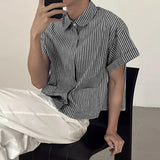 WIAOFELLAS  -  Men Striped Shirt Lapel Short Sleeve Pockets Men Clothing Streetwear Loose Button Korean Style Fashion Casual Male Tops