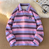 WIAOFELLAS  -  Men Sweatshirt Spring Campus Colors Striped Print Patchwork Turndown Collar Tops Harajuku Women Sweatshirts Pullover