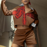 WIAOFELLAS  -  Men Sets Printing Striped Patchwork Streetwear Lapel Long Sleeve Shirt Crop Tops & Shorts Two Pieces Sets 2025 Men Suits