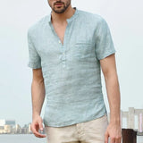 Wiaofellas  -  New Men's Casual Stand Up Collar Summer Solid Color Short Sleeve Linen Shirt Trendy Breathable Loose Youth Basic Pocket Top