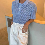 WIAOFELLAS  -  Mens Knit Polo Shirt Textured Weave Hollow Korean Niche Summer Short Sleeve Top Breathable Thin Relaxed Fit lapel Daily Mens Top