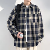 WIAOFELLAS  -  Hong Kong Style Shirt Men's, Plaid Long Sleeve, Retro Loose Fit, Navy Blue