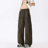 WIAOFELLAS  -  Simple Men's Cargo Pants Zipper Patchwork Elastic Waist Wide Leg Bottom Straight Drawstring Loose Male Trousers 24K4252