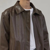 Wiaofellas  -  Vintage PU Leather Jackets Men Autumn Fashionable Solid Color Lapel Zip-up Leather Coats Men Stylish Loose Long Sleeve PU Jacket
