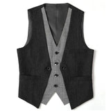 Wiaofellas  -  Men Vest Black Herringbone Slim Fit V Neck With Gray Grid Single Breasted Waistcoat Casual Formal Business Men Coat