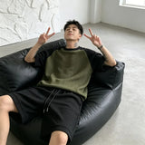 Wiaofellas  -  Men Summer Color Block Knit 2 Piece Set Loose Breathable Short Sleeve Top + Shorts Casual Outfit