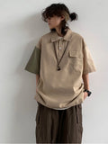 Wiaofellas  -  Ice Silk Quick Dry Workwear Shirt Loose Fit Casual Short Sleeve Half Open Collar Unisex Street Style Patchwork  Shirt