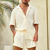 Wiaofellas  -  Beach Style Breathable Knitted Mens Set Summer Casual Pure Color Short Sleeve Knit Shirt And Shorts Two Piece Suits Men Outfits