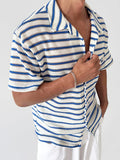 Wiaofellas  -  Daily Leisure Mens Short Sleeve Knit Shirt Summer Outdoor Casual Striped Knitted Cardigan Tops Men Stylish Buttoned Lapel Shirts
