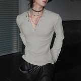 WIAOFELLAS  -  Men T Shirt Solid Color V Neck Long Sleeve Casual Male Tee Tops Streetwear Knitted Fashion Leisure Men Clothing S-3XL