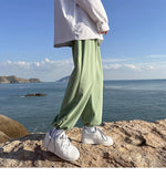 WIAOFELLAS  -  Trendy White Dstring Trousers for Men Casual Loose Fit Low Waist Long Pants Youthful Energy Sle Summer Thin Material