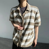 WIAOFELLAS  -  Fashion Summer Men's Striped Contrast Color Knit Sweater Trendy Casual Single-breasted Lapel Short Sleeves Tops Male