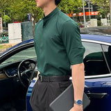 WIAOFELLAS  -  Summer New Stand Collar Fashion Half Sleeve Shirt Man High Street Casual Slim Button Cardigan Solid Color Office All-match Tops