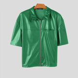 Wiaofellas  -  Solid Color Men Shirt Faux PU Leather Lapel Short Sleee Men Clothing Zipper Summer Streetwear Fashion Casual Camisa