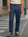 Wiaofellas  -  Spring Summer Men's Denim Look Woven Trousers, Neapolitan Double Pleat  High Waist Straight Leg Business Dress Pants