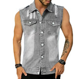 Wiaofellas  -  Summer New Men Thin Vest Denim T-shirt Lapel Sleeveless Pockets Slim Fit Cardigan Hip-Hop Rock Tank Top Muscular Men's Clothing