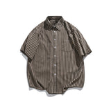 Wiaofellas  -  Retro Striped Short Sleeve Loose Casual Shirt Unisex Summer Set Hong Kong Style Five-Quarter Sleeve Blouse for Women