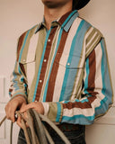 Wiaofellas  -  Men's Retro Western Striped Shirt Casual Short Sleeve Button-Up Cowboy Style Shirt