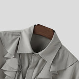 WIAOFELLAS  -  Men Shirt Solid Color Ruffle Lapel Long Sleeve Casual Men Clothing Loose Elegant Streetwear Fashion Male Shirts