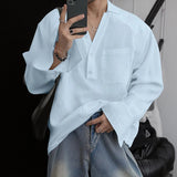 WIAOFELLAS  -  Men Shirt Solid Color Long Sleeve Koran Style Casual Men Clothing V Neck Streetwear Drawstring Shirts Fashion Male Tops