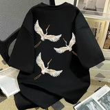 Wiaofellas  -  Pure Cotton National Trend Crane Print Short-sleeved T-shirt Retro Loose Top