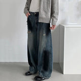 WIAOFELLAS  -  Spray Painted Deconstruction Jeans Men's Loose Straight Leg Washed Design Holes Contrats Color Male Denim Pants