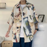 Wiaofellas  -  Retro Oil Painting Printed Short-sleeved Shirt Men's Trendy Street Loose Lazy Style Top