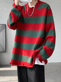 WIAOFELLAS  -  Men Autumn Winter New Striped Warm Sweater Tops Men's Oversize Loose Knitted Tops Male Round Neck Cashmere Jumpers C69