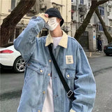WIAOFELLAS  -  Retro Lapel Denim Jacket Men Jean Jackets Streetwear Turn Down Collar Denim Coats Cotton Casual Black Blue Coats Man Clothing