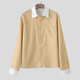 WIAOFELLAS  -  Men Shirt Striped Patchwork Lapel Long Sleeve Pockets Men Clothing Streetwear Loose Fashion Casual Tops Male Shirts