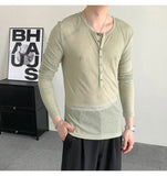 WIAOFELLAS  -  Emerald green deep v-neck perspective long-sleeved T-shirt men's ascetic slim tulle blouse lazy inner Henry collar top