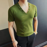 Wiaofellas  -  Spring Summer V-neck Short Sleeved T-shirt for Men Rivet Decoration High Elasticity Knitted T-shirts Slim Fit Casual Base Shirt