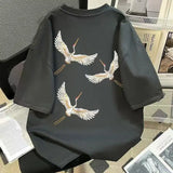 Wiaofellas  -  Pure Cotton National Trend Crane Print Short-sleeved T-shirt Retro Loose Top