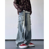 Wiaofellas  -  Men Ripped Holes Cargo jeans Fashion Burrs Vintage Blue Streetwear Casual Denim Pants Unisex Hip Hop Patchwork Jean Pants