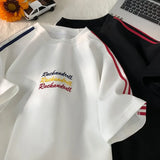 WIAOFELLAS  -  New Embroidery T-shirt Rainbow Coloured Letters T-shirt Fashion Striped Collision Summer Short-sleeved Tops Street Couple Tee