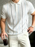 Wiaofellas  -  Daily Business Lapel Knitted Polo-shirts Mens Trendy Striped Hollow Out Short Sleeve Tops Men Summer Breath Knit Blouse