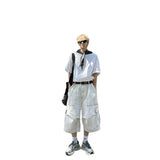 Wiaofellas  -  New Summer Men's American Vintage Cargo Shorts With Large Pockets Design Loose Wide Leg Knee Length Capri Pants