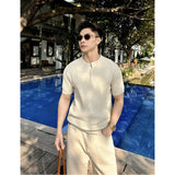 Wiaofellas  -  Summer Linen Lyocell Knitted Short Sleeve T-shirt Solid Color Casual Business T-shirts Breathable Elastic Round Neck Tee