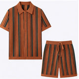 Wiaofellas  -  Men 2 Piece Striped Knitted Shirts Set Summer Casual Short Sleeve Cardigan+Shorts Sets Streetwear Fashion Outfit for Beach Wear