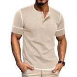 WIAOFELLAS  -  Summer Henry Collar T-Shirt for Men Solid Short Sleeve Button Casual Tshirt Fashion Tees Mens Clothing