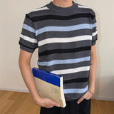 Wiaofellas  -  Daily Casual Knitting Tops Mens Stylish Striped Knit Short Sleeve Pullover Men Vintage O Neck Knitted T Shirts Summer Tee