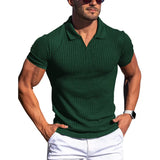 Wiaofellas  -  Men's Ribbed V-Neck Polo Shirt Summer Breathe Slim Fit Short Sleeve T-Shirt Men Casual Business Fashion T-Shirt