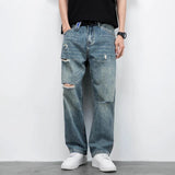 Wiaofellas  -  Men's Jeans Broken Straight Trousers Ripped with Holes Loose Torn Wide Leg Male Cowboy Pants Baggy  Korean Autumn New in Xs