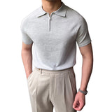 Wiaofellas  -  New Men Urban Business Knitted Polo Shirt Luxury Slim-fit Half-zipper T-shirts Solid Color Short Sleeve Breathable Stretchy Tops