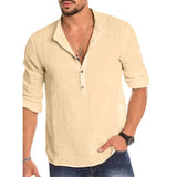 WIAOFELLAS  -  Long-sleeved Loose Solid Color Cotton Shirt XXL Clothing Pullover Vee-neck Stand Beach Traveling Menswear Summer