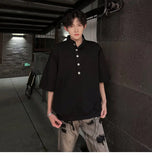 WIAOFELLAS  -  Fashion Men's Solid Color Button American Style T-shirt Trendy Stand Colar Short Sleeves Casual Top Male 2025 Summer