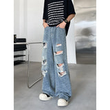 Wiaofellas  -  High Street Male Hole Denim Pants New Worn-out Jacquard Slimming Loose Men‘s Wide Legs Jeans Summer Trendy